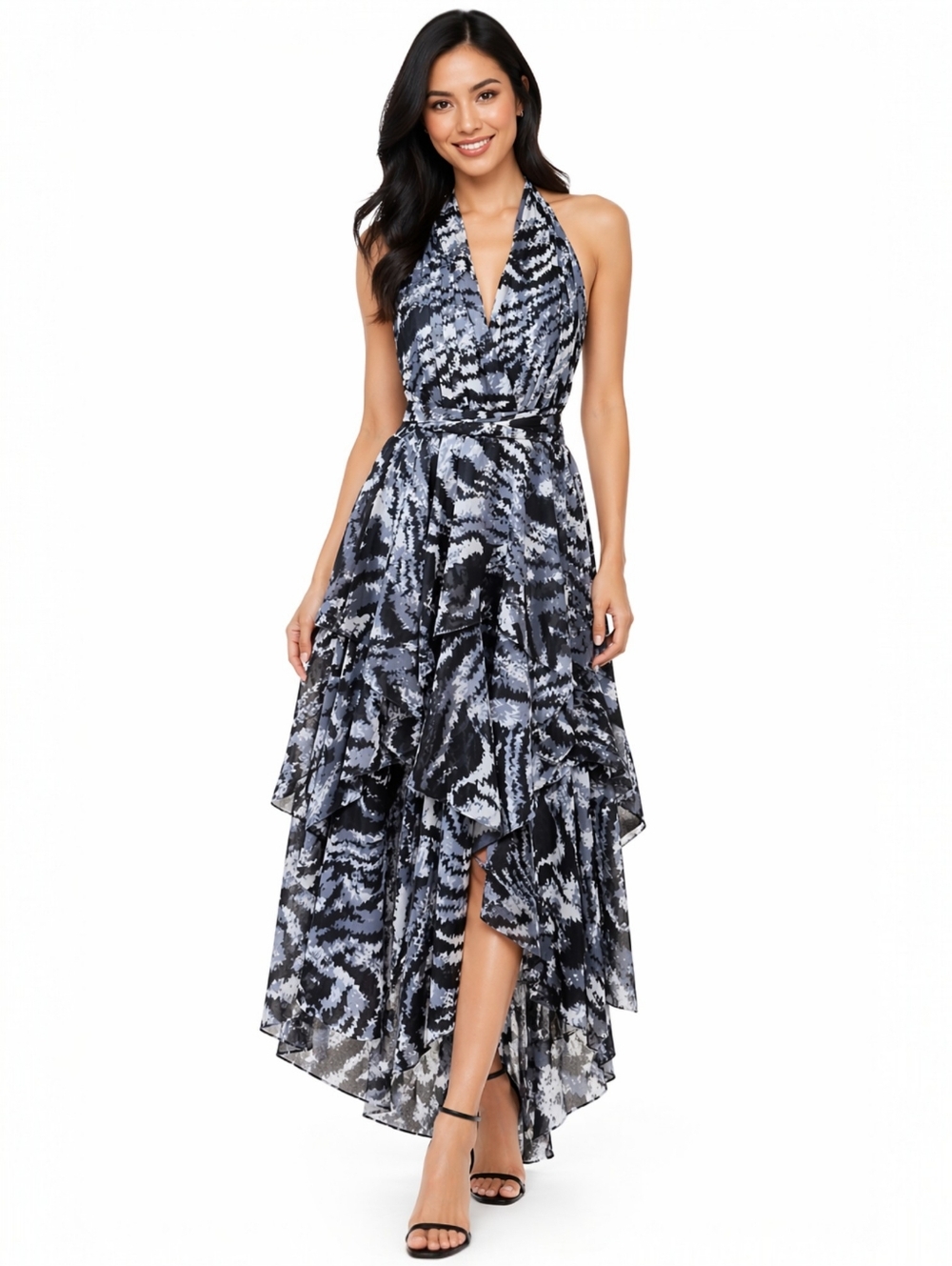ASHRO Elegant Gray & Black Animal Print Halter Maxi Dress – Size 10